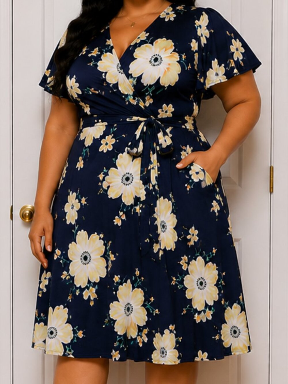 Kissmay Floral Wrap Dress in Navy and Yellow Faux Wrap Midi 20W